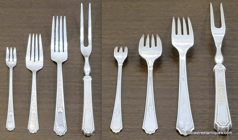 Various forks from the sterling silver plated "Ancestral" flatware pattern.
