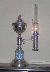 Silver single burner Argand lamp with Wedgwood Jasperware base.