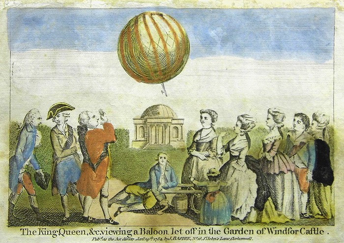 The court of King George III viewing demonstration of a hot air balloon by Professor Argand.