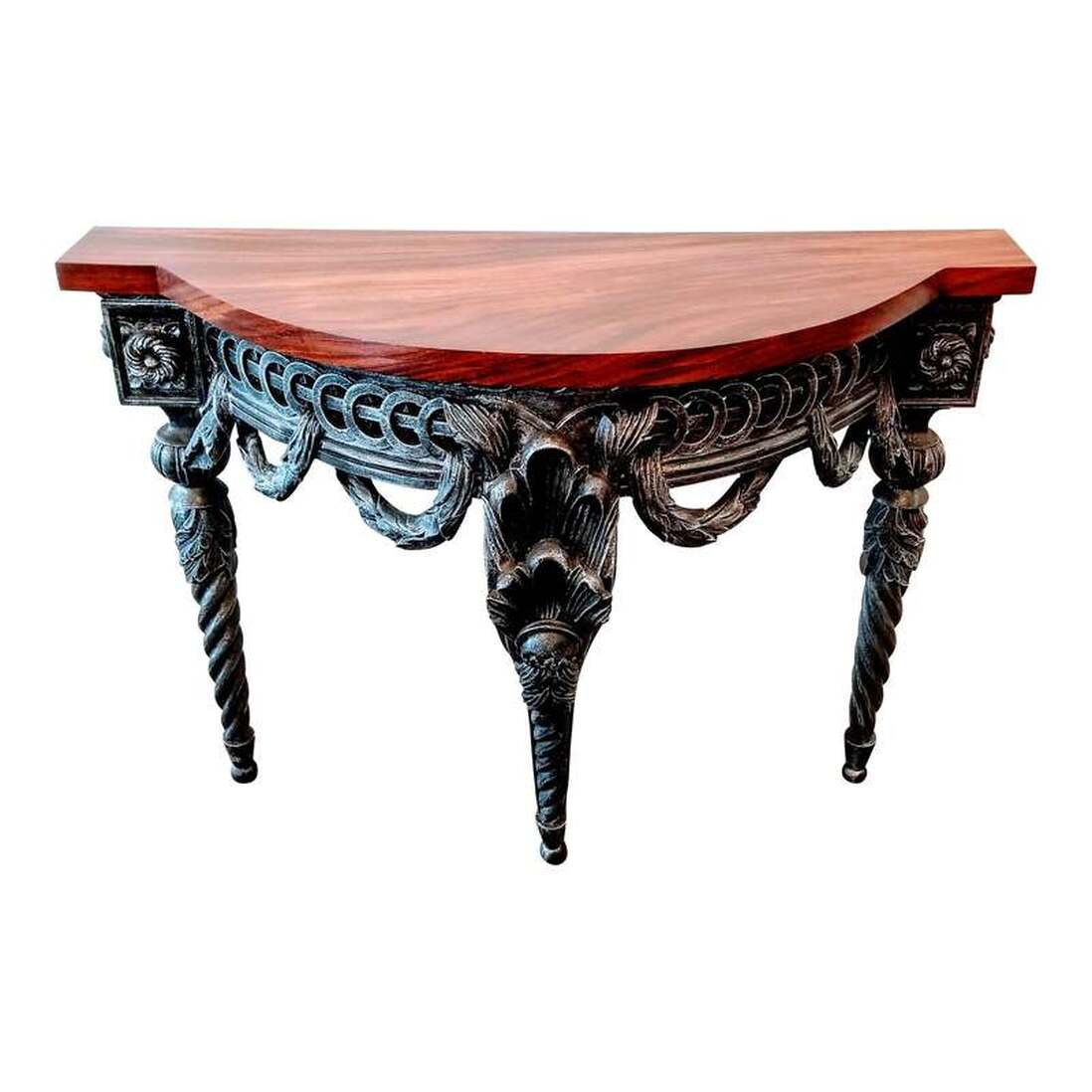 Baroque pier table base from Italy was manufactured in the 1990s for the designer market. We added a shaped cocobolo wood top to update the look for contemporary interiors.  The base features Italianate Baroque and Neoclassical elements such as spirals, acanthus leaves, rosettes, and laurel leaf swags.