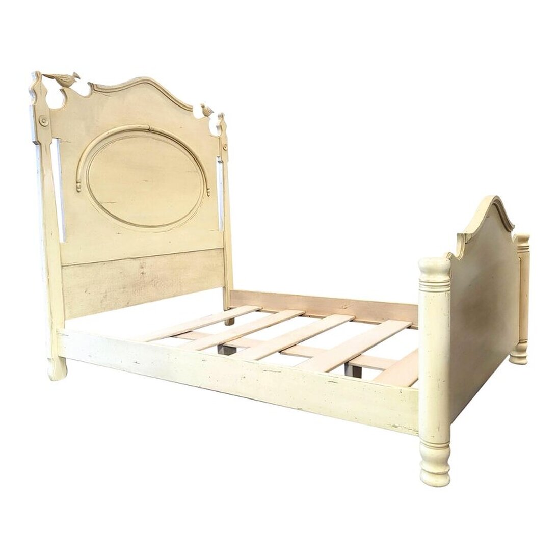 Full-Sized Bed Frame | Pat Harker Designs | Woodland Furniture | Madeline Bed 502 with Birds | Idaho Falls, Idaho | Made in U.S.A.  The lightly distressed full size bedframe is hand-constructed and hand-carved from alder wood and hand-finished with Woodland's 