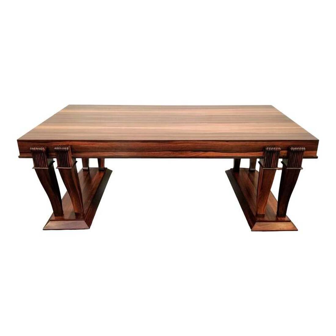 High-gloss finish Bolivian Rosewood ( Machearium Villosum ) rectangular coffee table in a Traditional design with eight reeded top sabre legs on two trestle bases.  Table will complement interiors incorporating style elements such as English Regency, Hepplewhite, Sheraton, Georgian, British-Raj, British Colonial, Art Deco, Art Moderne, Empire, and Duncan Phyfe.  SIZE:  48