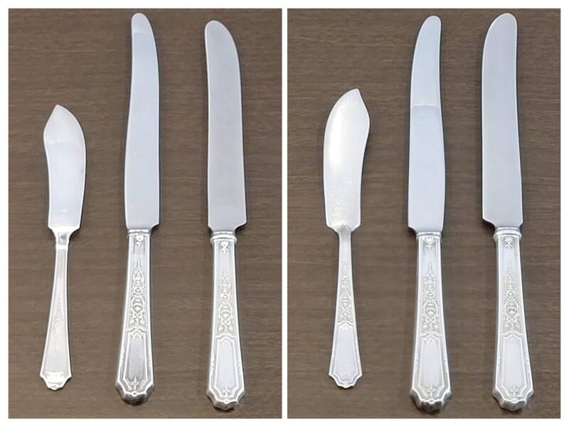 Various knives and spreaders from the "Ancestral" flatware pattern in sterling silver plate.